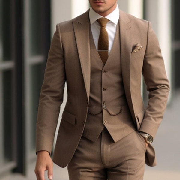 Men's Suit Light  Brown 3 piece suit, Men's Wedding suit, Groomsmen suit, Elegant suit, Groom wear suit, prom Business & Events Suit