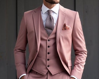 Herren Dusty Rose 3-teiliger Anzug Moderner Sitzanzug für besondere Anlässe - Klassische Hochzeitskleidung -Tailored Fit Suit - Maßgeschneiderter Anzug, Eleganter Anzug