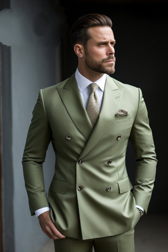 Men Green Suit 2 Piece Sage Green Double Breasted Suit Premium 
