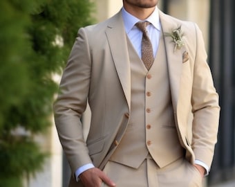 Men Suit Beige Three piece tuxedo wedding suits for men - bespoke wedding suit - formal fashion suit- prom wear