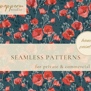 Red Poppy Flowers on Dark Background Seamless Pattern, Watercolor Digital Pattern for Personal and Commercial Use, Printable Floral Paper