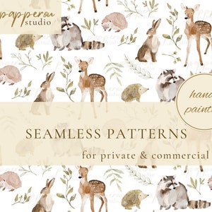 Woodland Animals Seamless Pattern, Watercolor Forest Animals Digital File, Fabric Design for Kids, Nursery, Kindergarten Printable Paper