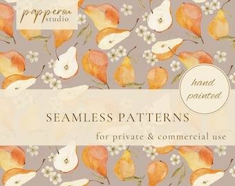 Fruit Pattern, Watercolor Pears, Commercial Use, Digital Seamless Pattern, Hand Illustrated Pattern for Fabric, Printable Paper