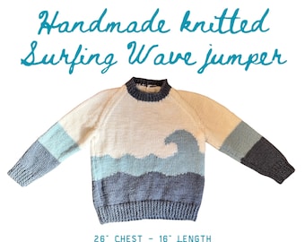 Children's Handmade Knitted Surfing Wave Jumper - 26" Chest & 16" Length - Cozy Ocean-Inspired Sweater - Unique Gift for Little Surfers