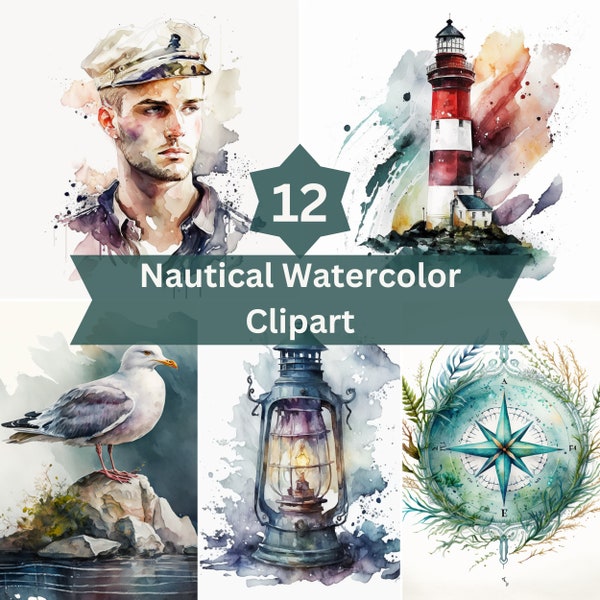 Ocean Sea Watercolor Nautical Clipart - Marine, Boats, Sailor Clipart, and Lighthouse for Instant Download