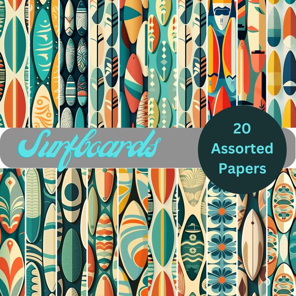 Digital Surfboard Paper Pack: Seamless Patterns for Scrapbooking, Printable Wrapping Paper, Instant Download Backgrounds