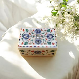 Handmade Marble Jewelry Keepsake Box Antique Lapis Lazuli Marquetry Fine Inlaid Stone Birthday Gift for Wife