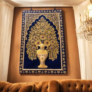 24&quot;x48&quot; Unique Blue Velvet Indian Zardozi Wall Hanging Luxurious Handcrafted Arts Embroidered Floral Work Precious Stone & Golden Thread