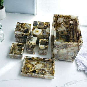 Set da bagno in agata - Set di accessori da bagno da 7 pezzi in pietra di agata/porta carta velina, oggetti unici in cristallo artistico fatto a mano/decorazione per piano lavabo