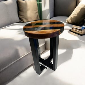 Round Black Resin Epoxy Coffee Table Top with Iron Legs Natural Acacia Wood Handmade Arts Console Bar Living Room Interior Furniture Decors