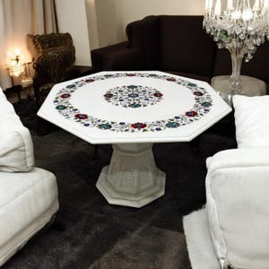 30&quot; Octagon White Marble Coffee Table Top Semi Precious Lapis and Carnelian Inlay Stone with Stand Hand Craved Floral Marquetry Art Decors