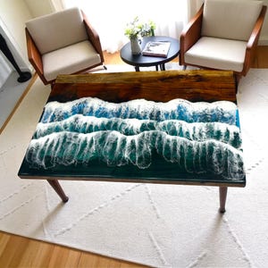Ocean Wave Epoxy Resin Top Center Sofa Dining Table, Kitchen Slab Table, Custom Made Epoxy River Farmhouse Interior Furniture Decorative