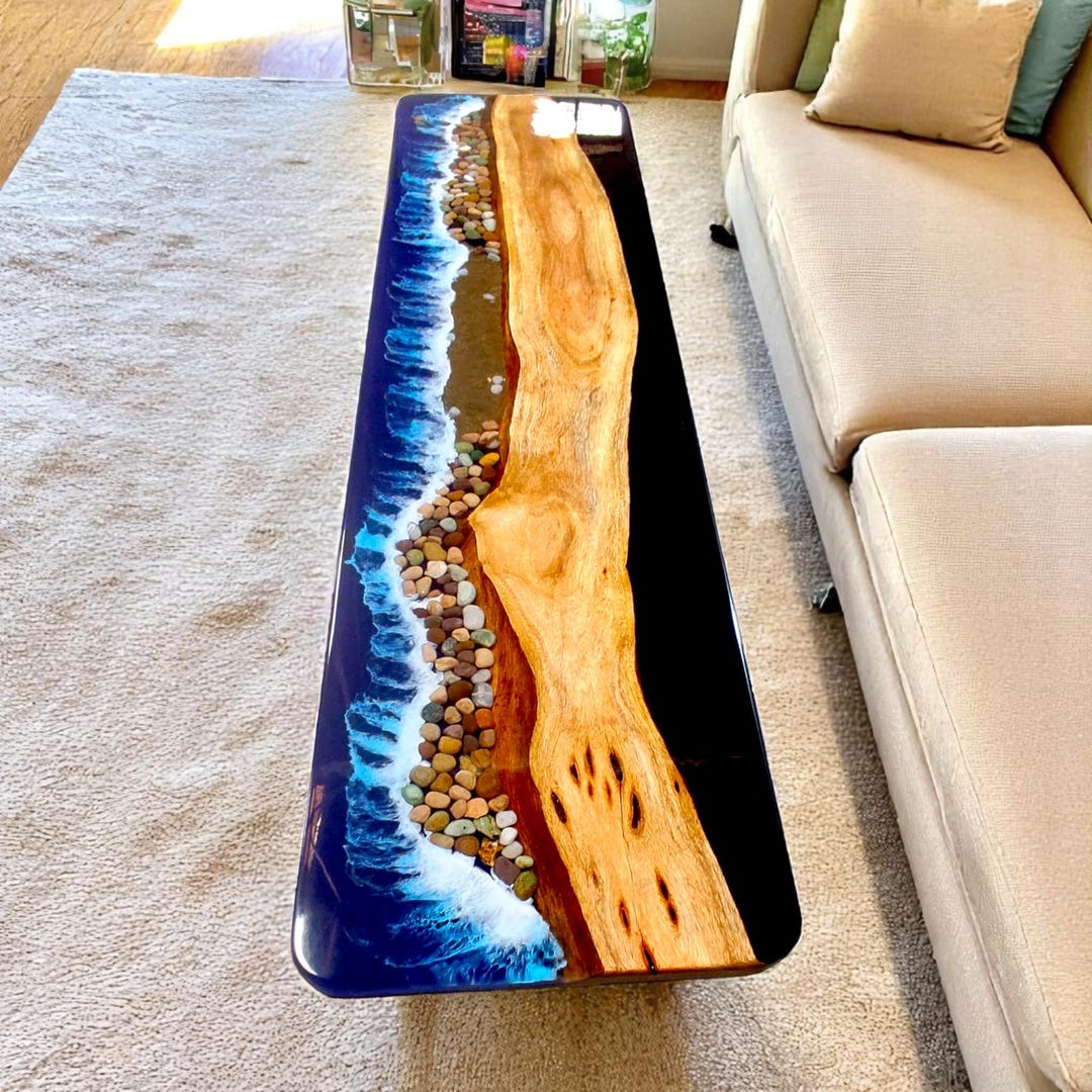 Ocean Wave Epoxy Resin Center Dining Table Natural Acacia Live Edge ...