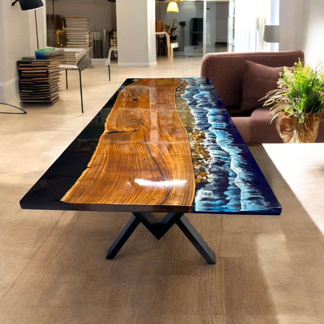 30"x36" Rectangle Ocean Wave Epoxy Resin Dining Table Natural Live Edge ...