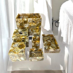 Natural Agate Bathroom Accessories Vanity Top Set of 7 Pcs Luxurious Soap Dispenser and Tissue Box with Elegance Stone Bath Interior Decors