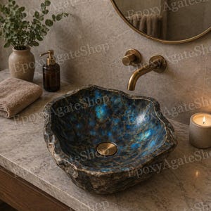 Wastafel van labradorietsteen – luxe handgemaakte badkamerwastafel voor modern ijdelheidsdecor