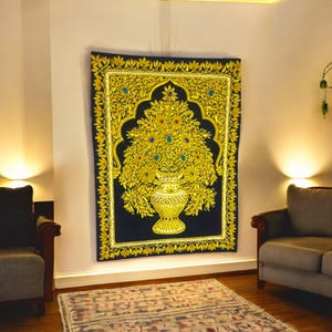 24&quot;x48&quot; Elegance Zardozi Wall Art Hanging Flower Embroidery Tapestry Handcrafted Velvet Carpet Luxurious Home Accent Decors