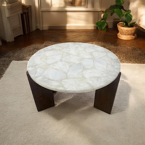 Round White Quartz Coffee Table Top Healing Crystal Stone Handmade Modern Art Luxury Centerpiece for Bar Desk Interior Furniture Decors