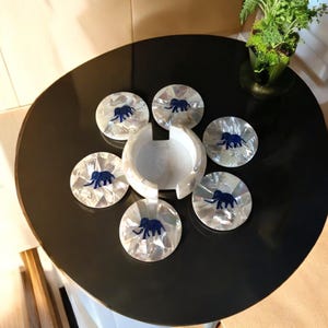 Elegance White Marble 6 Coaster Set with Holder Mother of Pearl & Lapis Stone Elephant Design Modern Floral Art Kitchen Countertop Decors