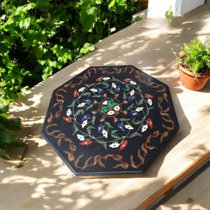 Octagon Black Marble Balcony Table Top Semi Precious Inlay Stone Floral Hand Craved Design Modern Arts Conference Living Room Furniture Deco