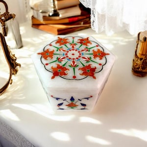 4&quot;x4&quot;Collectible White Marble Ornament Jewelry Box Handmade Inlay Floral Art Storage Keepsake Case with  Precious Stone Decorative Best Gift