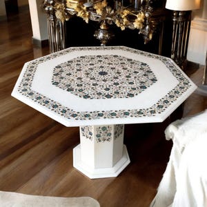 30&quot; Octagon White Marble Balcony Table Top with Stand Lapis Lazuli Inlay Floral Modern Arts Precious Gemstone Luxurious Garden Interior Deco