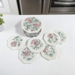 Octagon White Marble Coaster Set of 6 Pcs with Holder, Handmade Art Semi Precious Stone, Drink Coaster , Beautiful Kitchenware Decorative