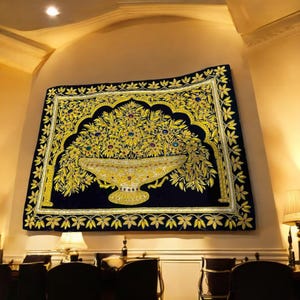 Zardozi Embroidery Wall Hanging: Velvet Floral Tapestry with Golden Thread (24&quot;x36&quot;)