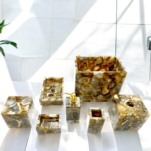 Natural Agate Bathroom Accessories Set of 7 Pcs for Vanity Top Handmade Tissue Box Holder & Tray, Soap Dish Luxury Bath Interior Decorative