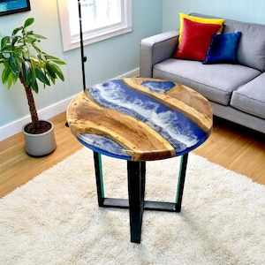 Ocean Wave Blue Resin Epoxy Sofa Center Table Top Hand Carved Mid Century Modern Art Luxury Natural Acacia Wood with Stand Hallway Furniture