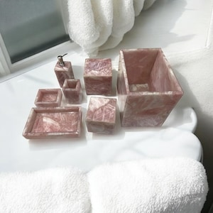 Rose Quartz Set of 7 Pcs Bathroom Accessories Vanity Top Luxury Pink Gemstone Soap Dispenser with Silver Pump & Tray Home Interior Decors
