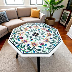 Stunning White Marble Sofa Center Table Top Handcrafted Marquetry Inlaid Arts Console Bar Mid Century Modern with Living Room Furniture Deco
