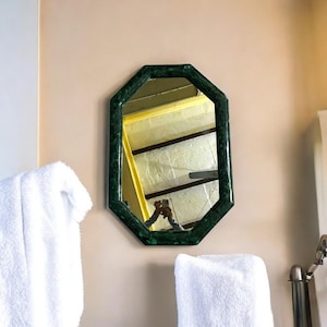 Octagon Malachite Wall hanging Mirror Vanity Top Green Real Gemstone Handmade Arts Handmade Bathroom Interior Gift for Home Decors