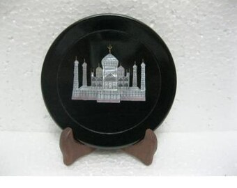 Black Marble Plate Handmade Mop Taj Mahal Mosaic Art Design Anniversary Gift
