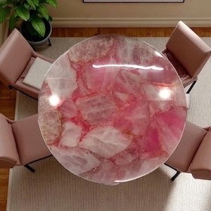 Rose quartz round corner tabletop || crystal pink gemstone handmade art luxury sofa centerpiece furniture || custom modern hallway decors