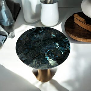 labradorite stone round coffee tabletop, natural art design with console bar crystal sofa centerpiece furniture & housewarming interior deco