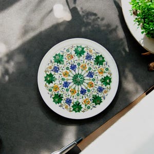12&quot; Round Marble Serving Plate Handcrafted Semi Precious Mosaic Stone Coffee Table Decorative with Luxurious Look for Traditional Art