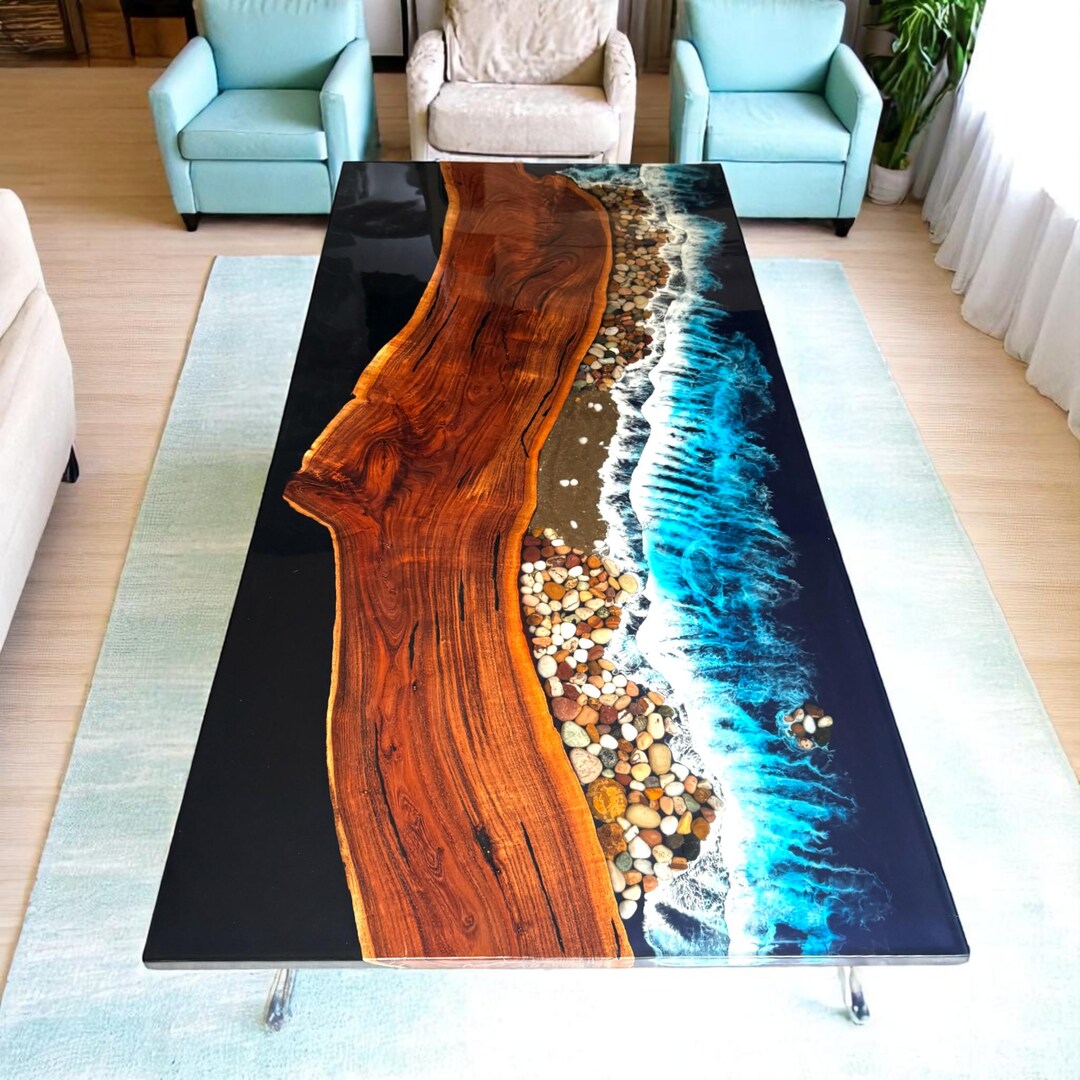 Live Edge Acacia Wood Dining Table, Ocean Wave Epoxy Resin Center - Etsy