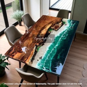 Ocean Epoxy Sea Resin Sofa Center Dining Table - Coastal Inspired Live Edge Walnut Acacia Wooden - Handmade Art Elegant Furniture Home Decor
