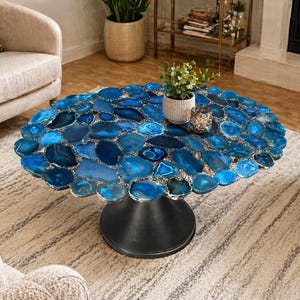 Handmade Blue Agate Dining Table: Mid Century Modern Gemstone Decor