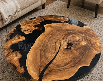 Mesa redonda de resina epoxi con diseño de río / Mesa de centro de madera natural con resina negra / Decoración de lujo para el hogar