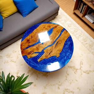 Round Blue Epoxy Resin Coffee End Table Natural Live Edge Acacia Wood Custom Made River Console Bar Dining Room Furniture & Hallway Decors