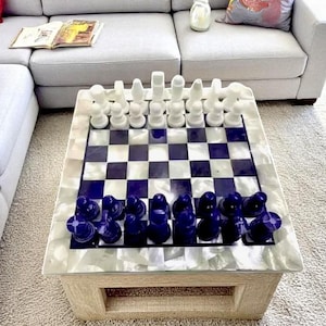 Exclusive Marble Chess Board with Pcs Hand Carved Lapis Lazuli and Mother of Pearl Gemstone Inlay Floral Artwork Collectible & Adults Space