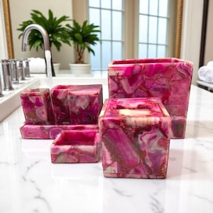 Pink Agate Bathroom Accessory Set of 7 Pcs for Spa Vanity Top Crystal Stone & Handmade Art Luxury Soap Dispenser, Soap Dish with Tissue Box