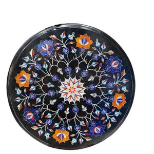 Exclusive Black Marble Balcony Table Top Pietradura Handmade Inlaid Floral Work Semi Precious Lapis Stone Luxurious Design Bar Desk Interior