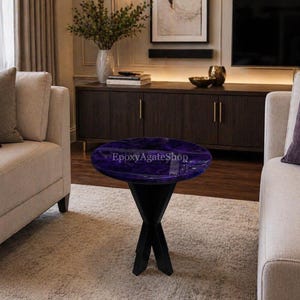 Tavolino in pietra di ametista – Lussuoso tavolino in pietra preziosa viola per l'arredamento del soggiorno con supporto in ferro