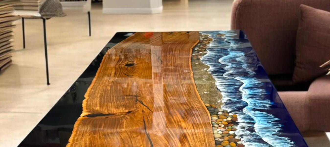 30"x36" Rectangle Ocean Wave Epoxy Resin Dining Table Natural Live Edge ...
