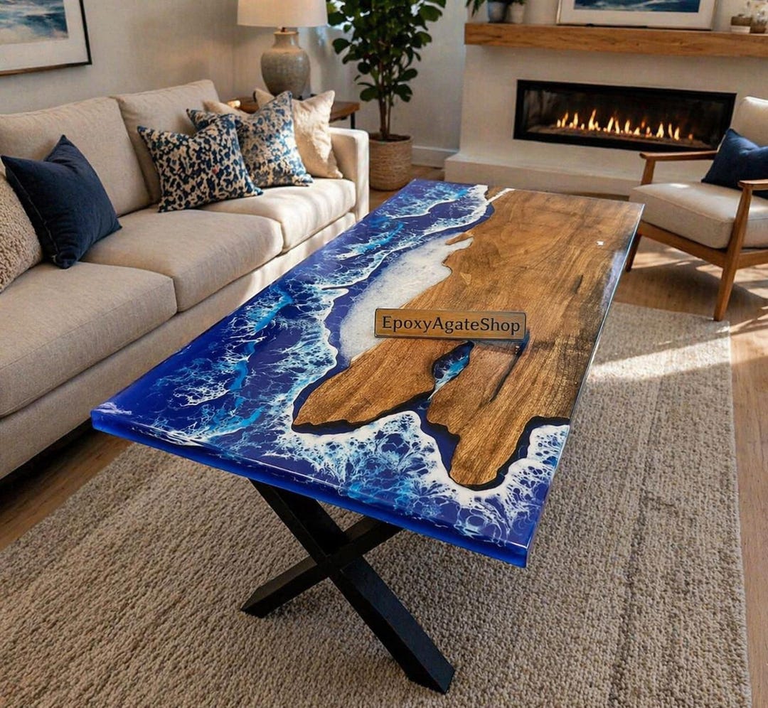 Custom Ocean Epoxy Table, Resin Beach Wave Coffee Table, Handmade Wood ...