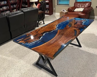 Ocean Waves Blue Epoxy Tische, handgefertigter Harzfluss Tisch, Epoxidharz Holztisch, Esszimmer Couchtisch, Haus & Büro maßgeschneiderte Möbel