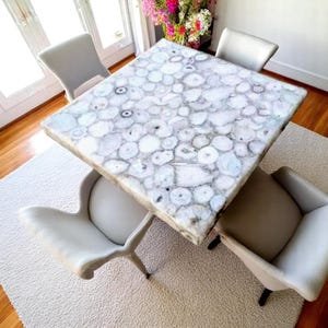 Square White Agate Tabletop Hand Carved Geode Stone Console Bar Desk, Unique Modern Art Design, Cafeteria Interior Furniture Decor